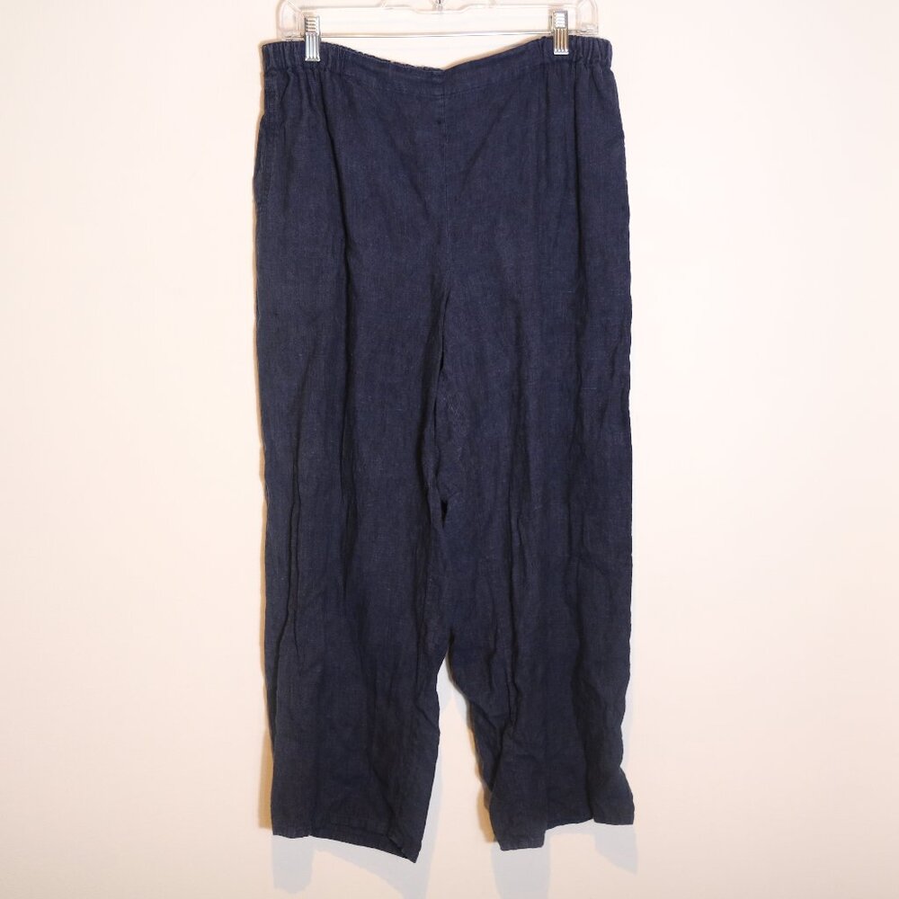 Flax Floods 100% Linen Crop Wide Leg Ankle Pull On Pants Women Medium Navy Boho